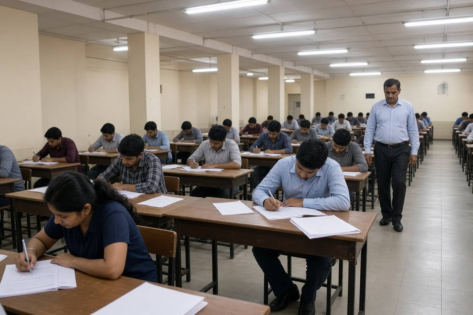Representational illustration of a computer-based medical diploma examination hall