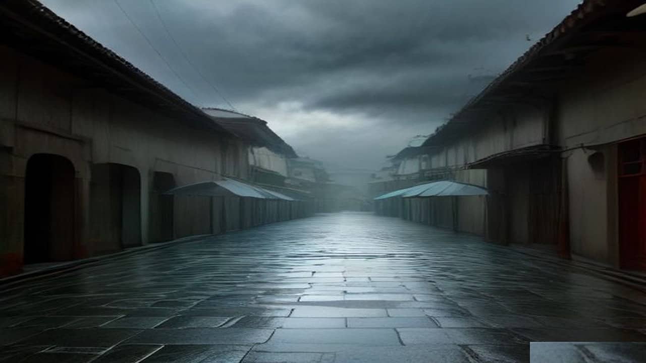 Empty wet north Indian city rooftops and monsoon puddles under heavy grey storm clouds with distant rain shafts, no people, no umbrellas, no readable signs or logos