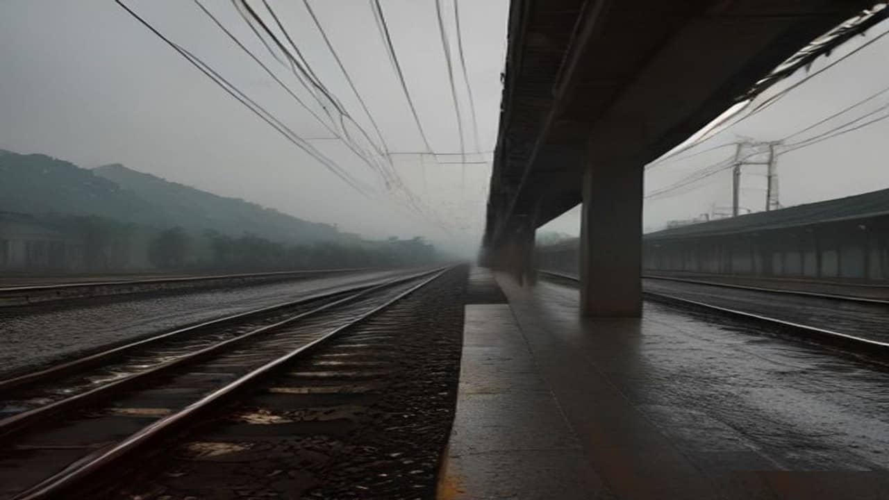 Empty Indian railway platform edge with wet tracks receding under overcast sky, plain concrete platform, no train in foreground, no people, no station nameboards or readable signs
