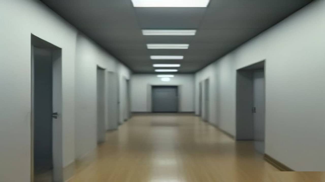 Empty institutional office corridor with plain cream walls, closed wooden door and fluorescent lights, polished floor, quiet hallway, no people, no papers visible, no posters or readable text