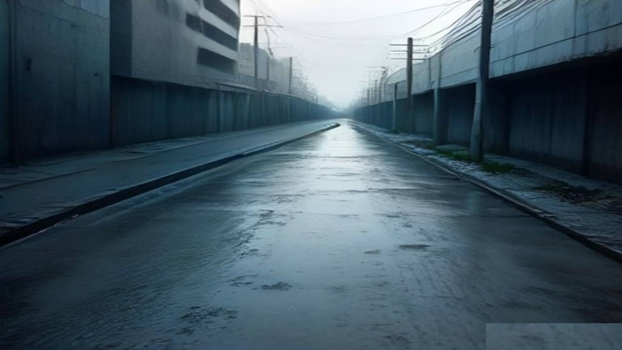 Empty urban roadside open drain channel under construction with wet concrete edges and monsoon sky, no people, no machinery logos, no readable signboards