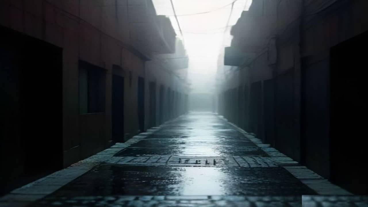 Empty narrow residential lane in an old north Indian city with wet asphalt, a closed sewer manhole cover and monsoon puddles, brick walls, no people, no readable shop signs