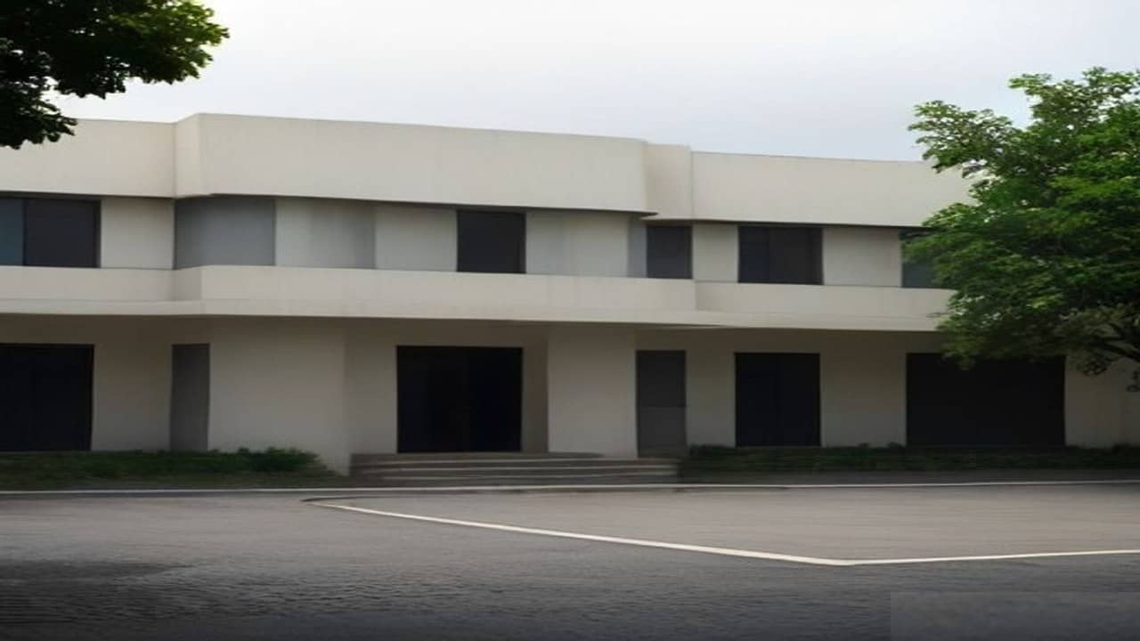 Empty quiet Indian police station courtyard with a plain single-storey building and flagpole without readable insignia, overcast daylight, no people, no vehicles, no signboards with text
