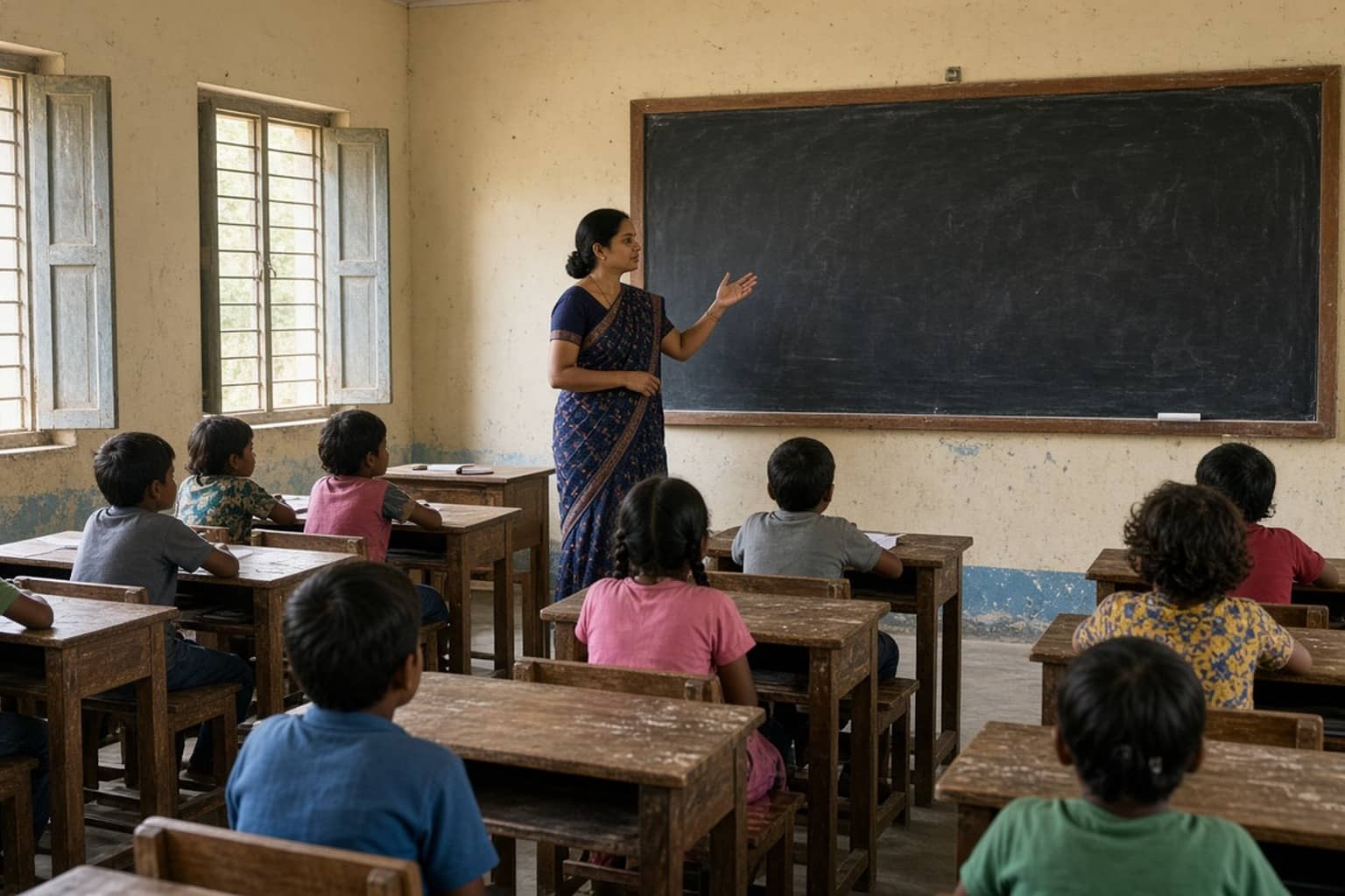 Teacher leading a primary classroom in an Indian school