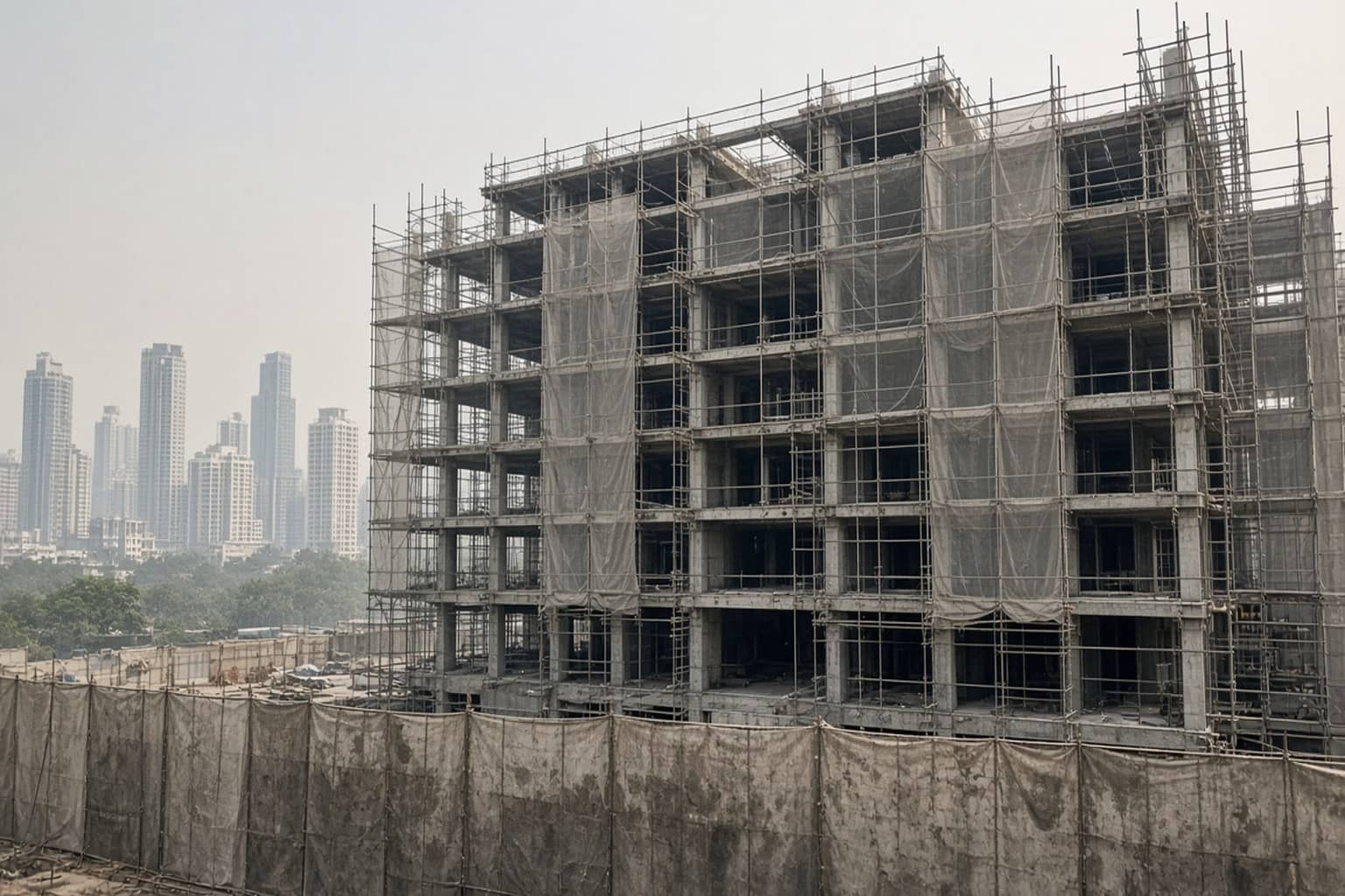 Construction site with scaffolding and dust barriers in Gurugram