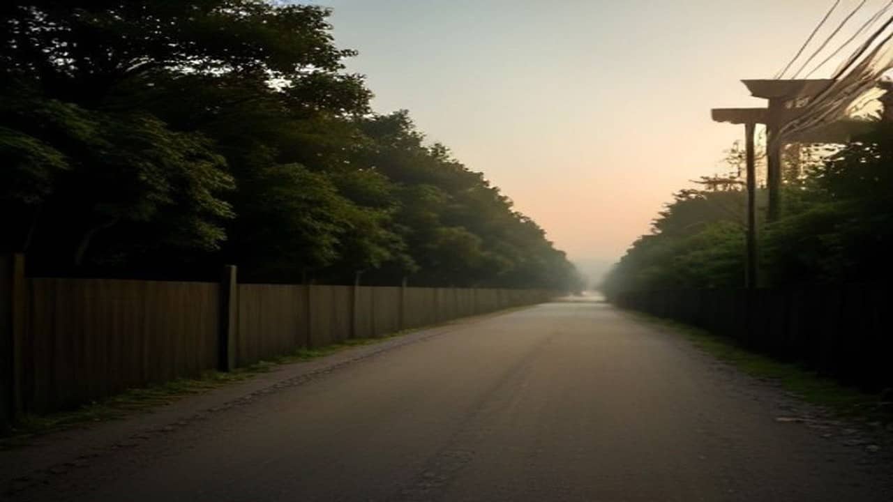 Empty rural north Indian road at dusk beside a quiet temple compound wall, soft evening light, no people, no vehicles close, no readable signs