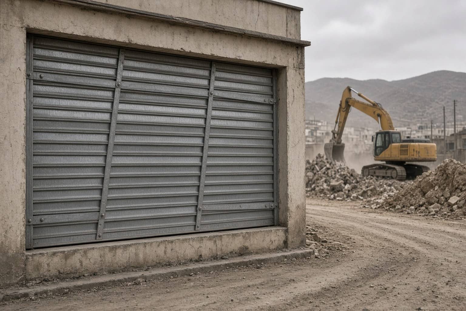 Demolition machinery outside residential building during enforcement drive