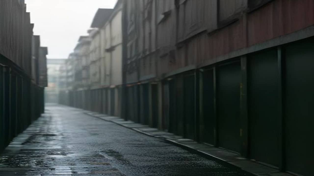 Empty back-alley view of a hotel building with electrical poles and overhead wires under overcast daylight, no people, no readable meters or signs
