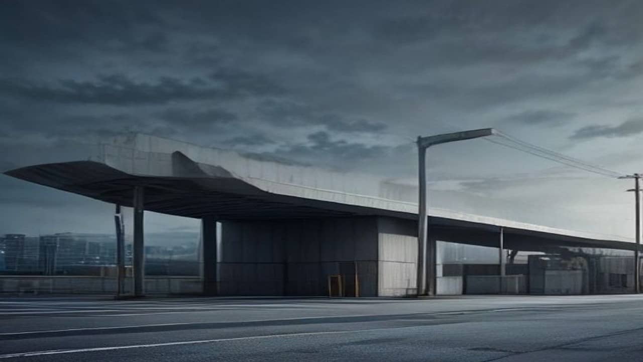Empty urban cable-car pylons and station shell under overcast sky, unfinished concrete platforms, no people, no readable signage or logos