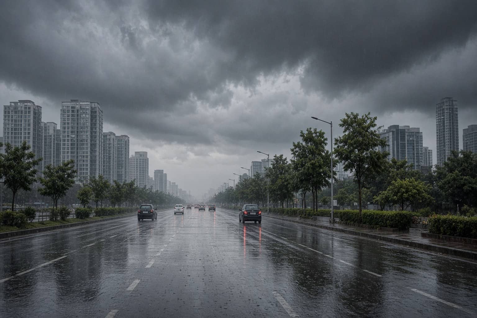 Dark monsoon clouds and wet road surface in Gurugram