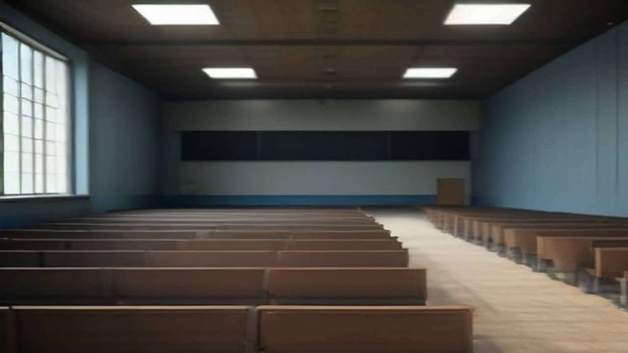 Empty institutional auditorium with rows of vacant chairs, plain stage area, soft indoor light, no people, no readable banners or logos