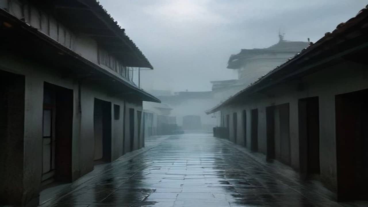 Empty wet clay-tile rooftops under a grey monsoon sky with distant rain shafts, quiet courtyards, no people, no umbrellas, no text