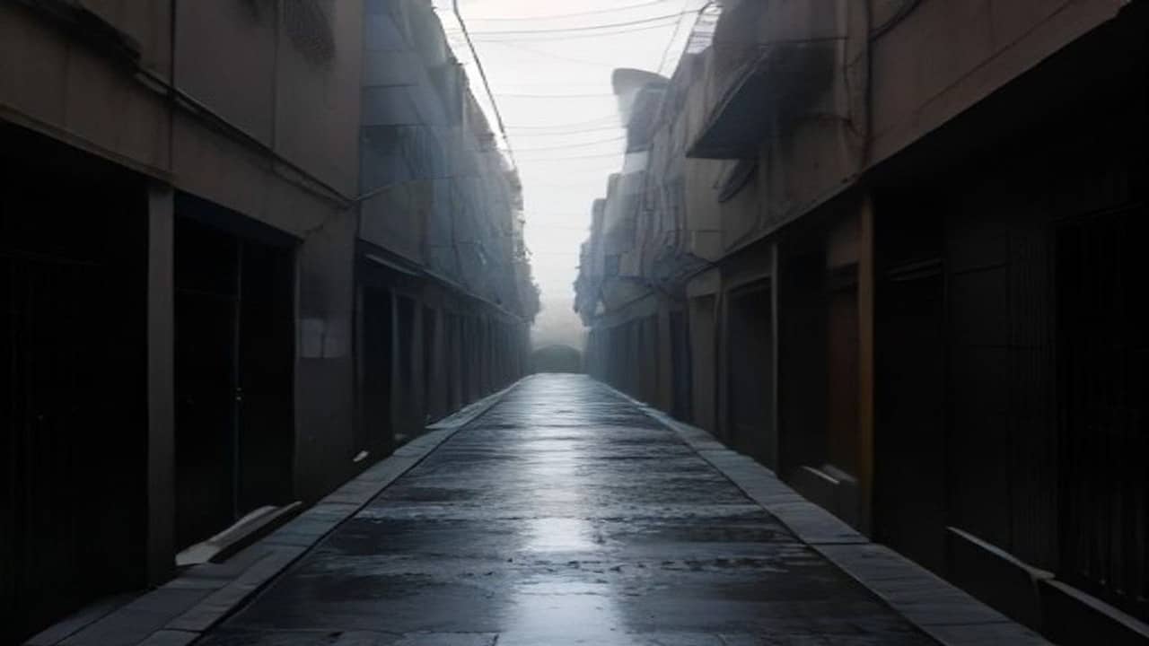 Empty wet residential lane with a closed round sewer manhole cover, monsoon puddles, brick walls, no people, no readable shop signs