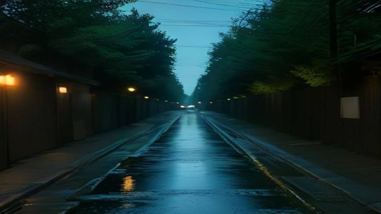 Empty wet urban lane beside a quiet pond at dusk, distant parked two-wheelers without readable plates, no people, no text or logos