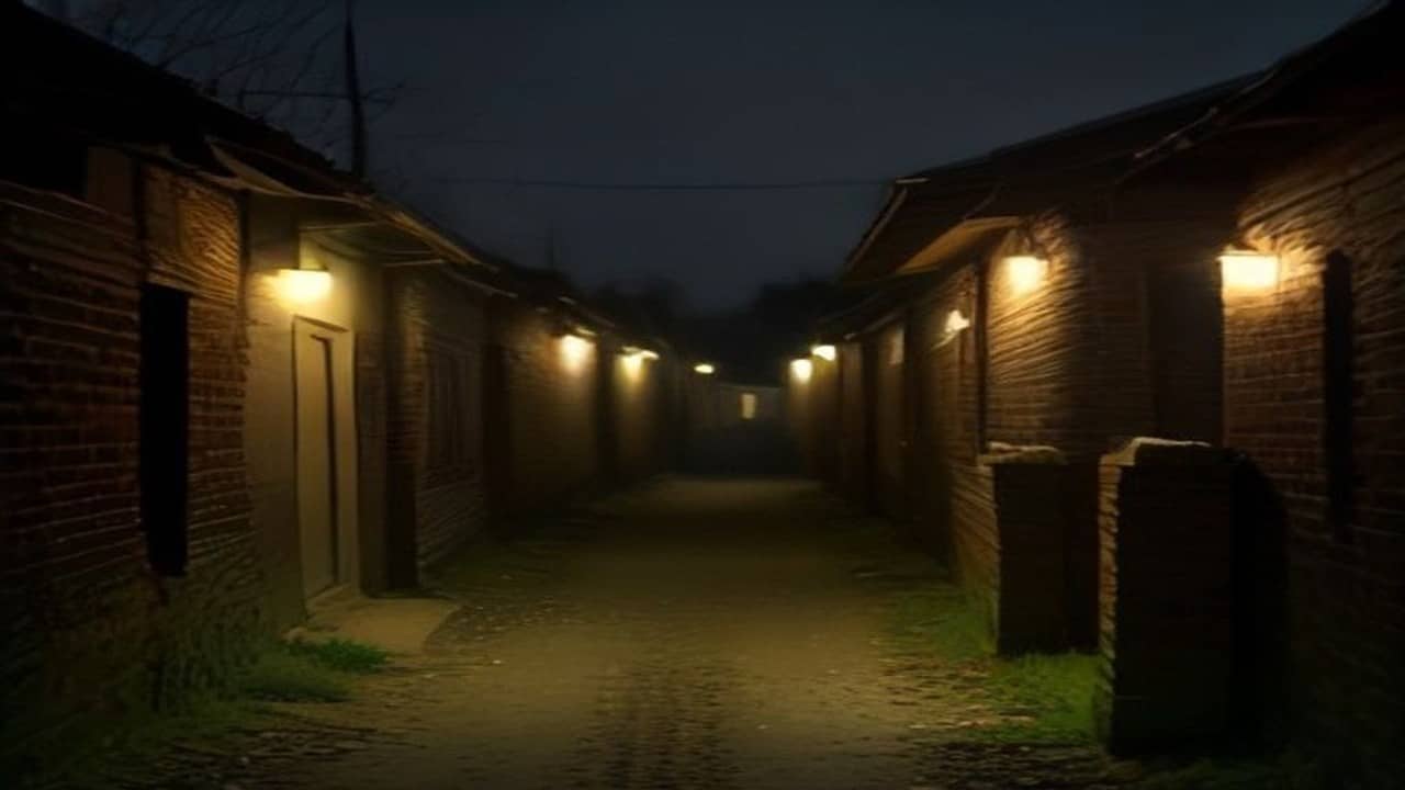 Empty rural brick houses along a dark village lane under night sky, quiet empty path, no people, no readable signs or text
