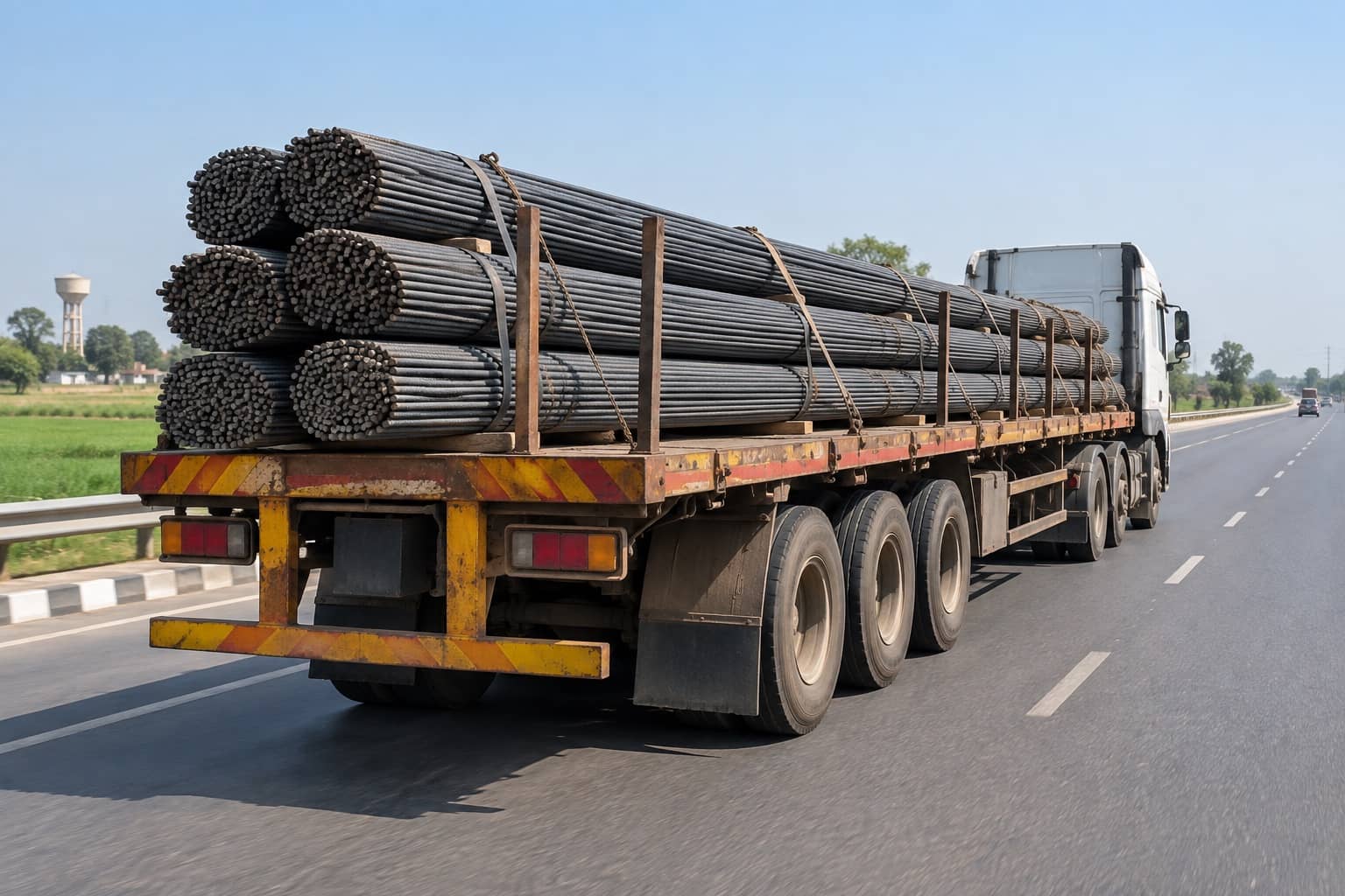 Heavy truck carrying bundled steel reinforcement bars on a highway