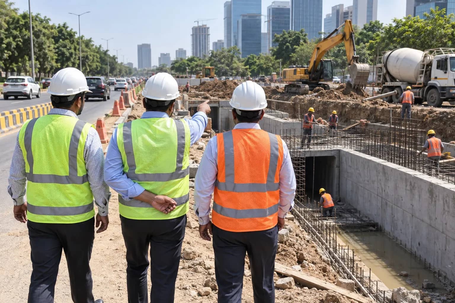 Municipal engineers inspecting a drain and road construction site in Gurugram