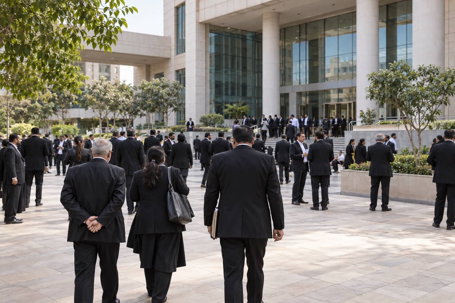 Advocates gathering in the Gurugram district court complex courtyard