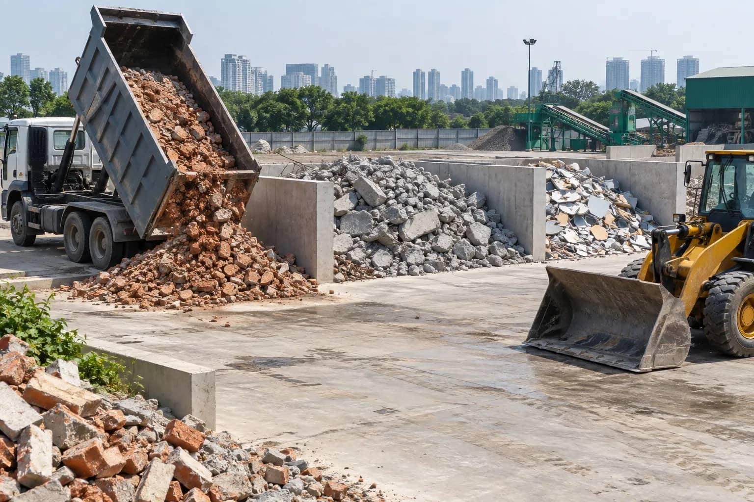 Segregated construction debris being unloaded at an authorised Gurugram facility