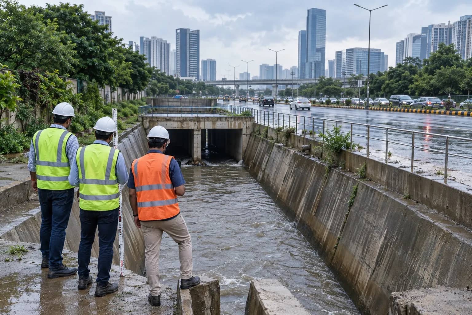Engineers inspecting a storm-water drain beside a Gurugram road