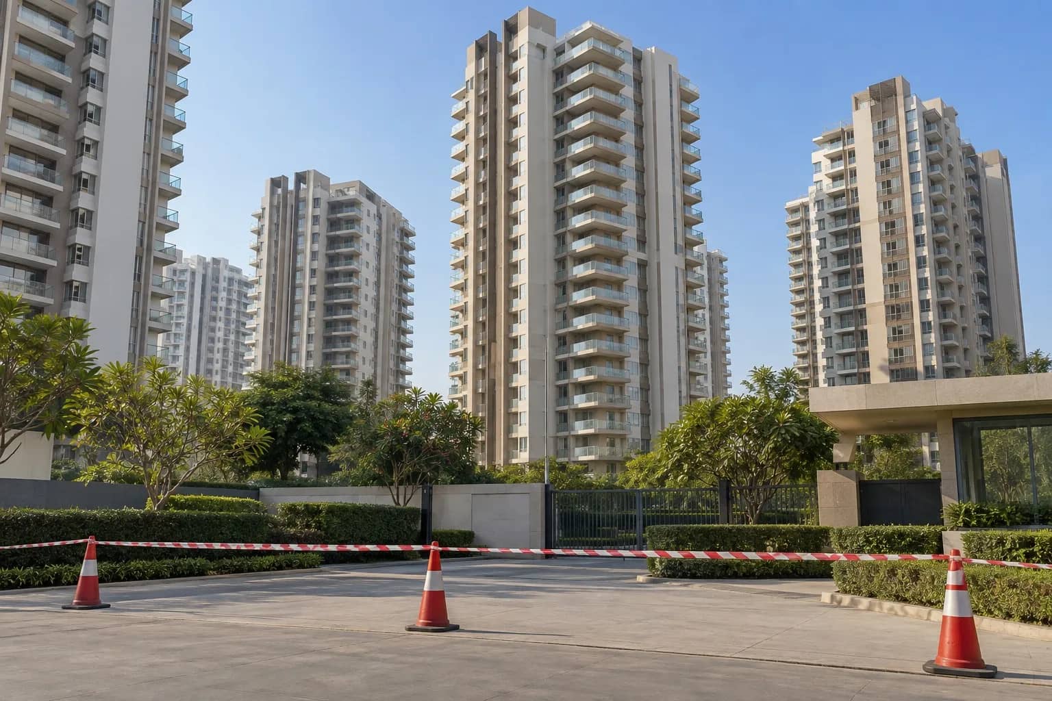 Cordoned residential towers at a Gurugram condominium awaiting redevelopment