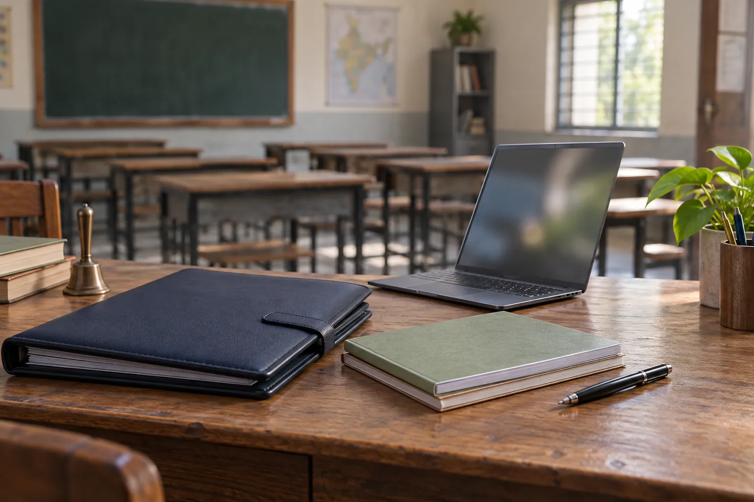 Laptop, teaching portfolio and books on a desk in an empty classroom