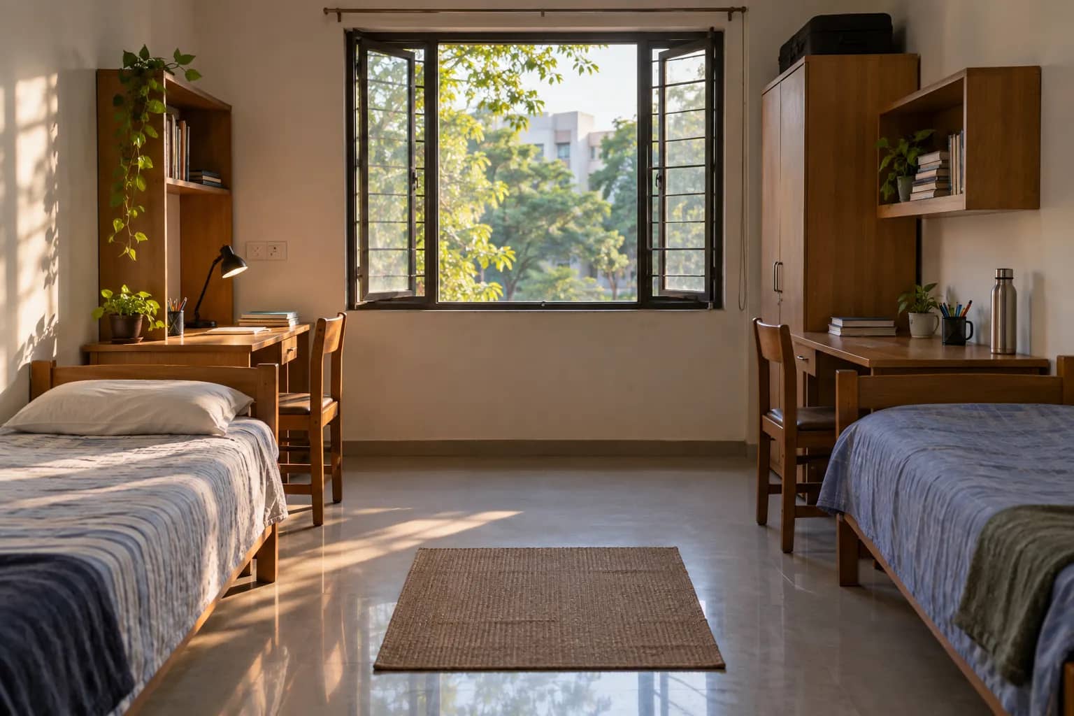 A representational two-bed student hostel room with study desks and a sunlit window