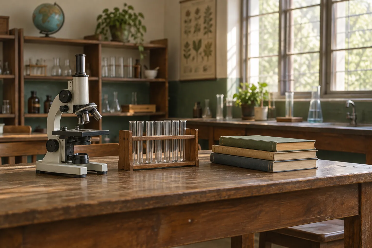 Microscope, test tubes and books on a wooden bench in a representational school science room