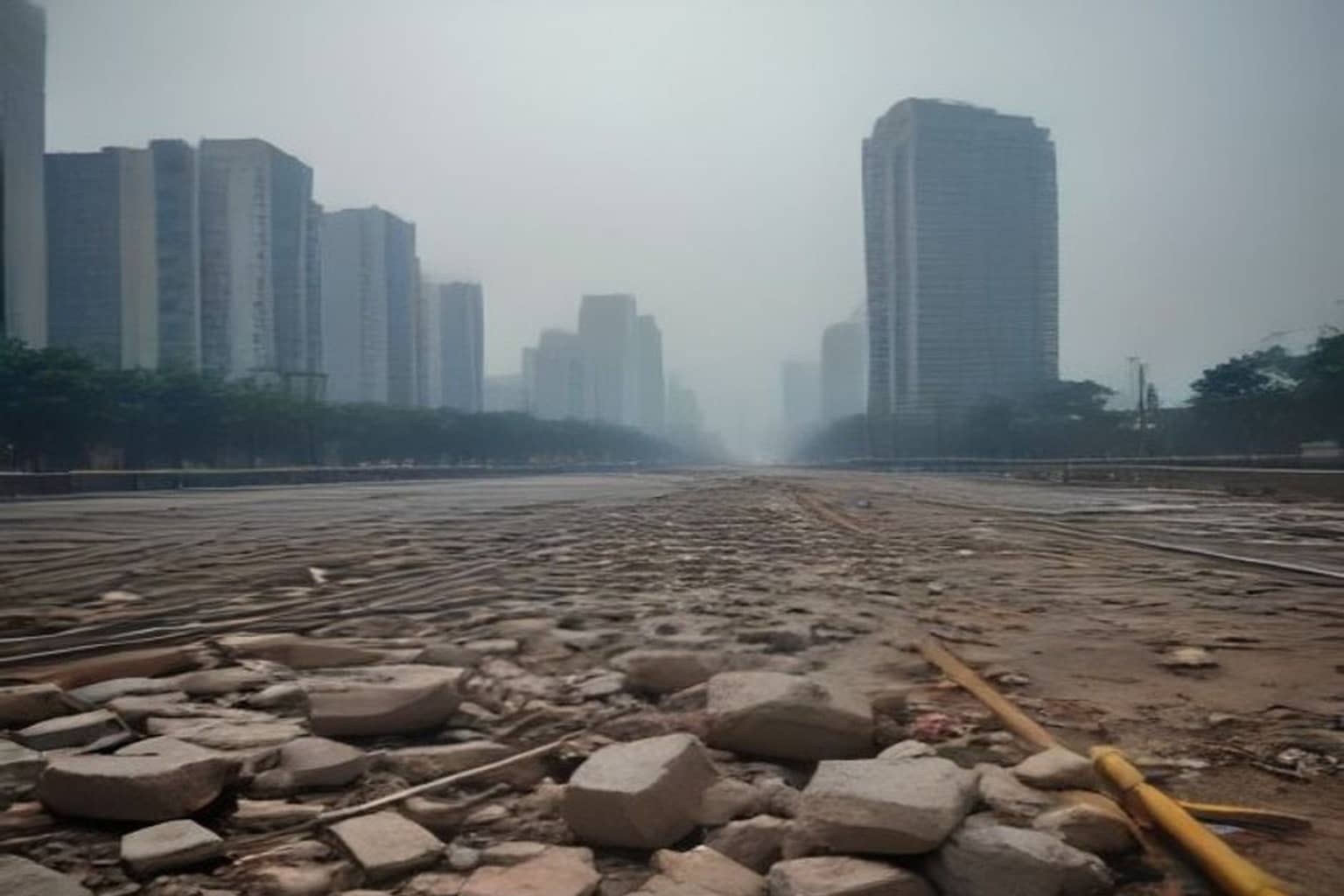 Construction debris piled along a Gurugram arterial road near housing societies