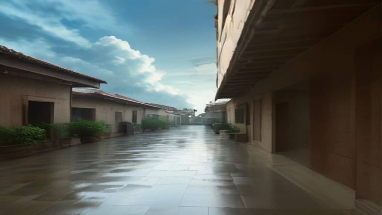 Empty wet-looking Banaras rooftops under a partly cloudy late-monsoon sky, no people, no umbrellas, no readable text