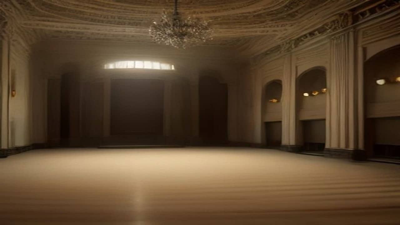 Empty ornate municipal auditorium interior with vacant seats and a plain stage under warm lights, no banners, no people, no readable text