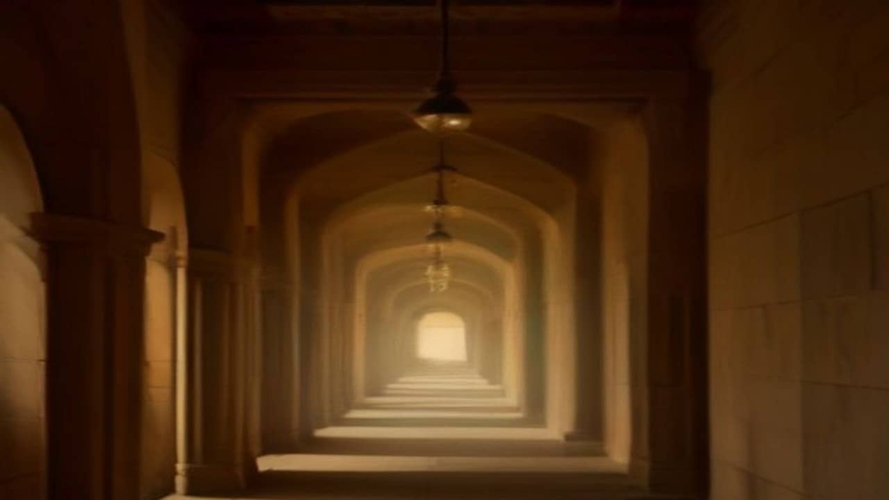 Empty sandstone temple corridor with hanging lamps, warm stone walls, no deity close-up, no people, no signage, no readable text