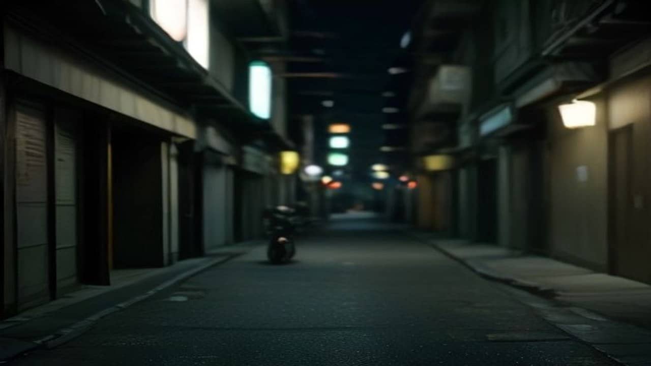 Empty night lane near a small urban shrine wall with parked blurred scooters plates unreadable under dim sodium light, no people, no readable signs