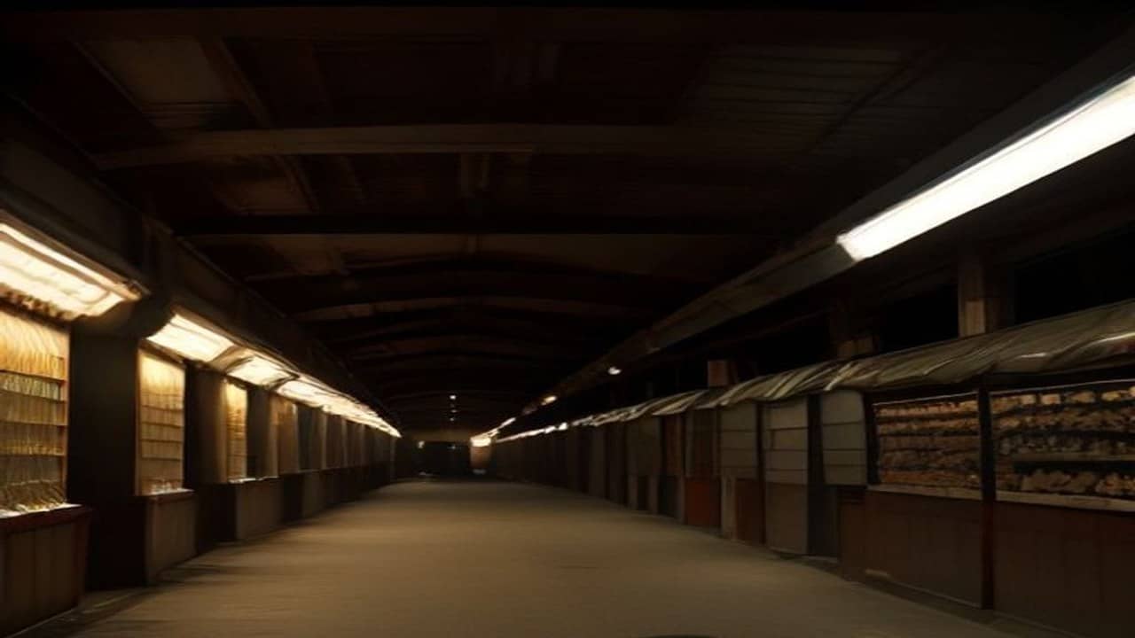 Empty covered market corridor with closed rolling shutters and a tin-roof edge under dim night light, no people, no readable shop names, no text