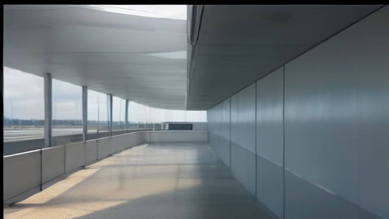 Empty modern airport jet bridge and terminal glass exterior in soft daylight, no readable airline logos, no people close, no text