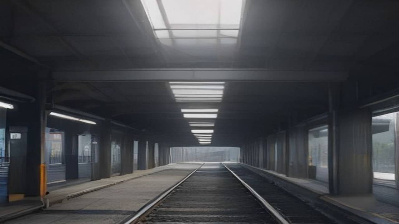 Empty railway platform canopy and tracks at a large junction under soft light, no readable train numbers or logos, no people, no text