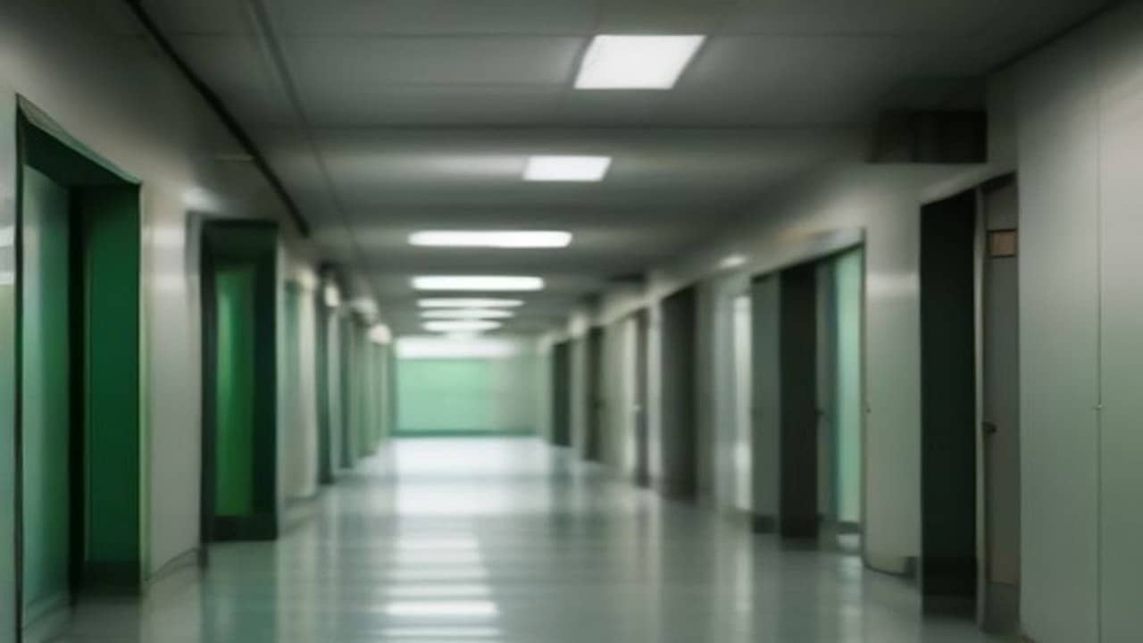 Empty hospital corridor with green emergency signage softly blurred, no people, no readable logos, no text