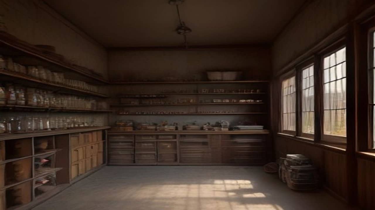 Empty small neighbourhood grocery shop interior with shelves slightly disordered in morning light, no people, no readable brand logos, no text