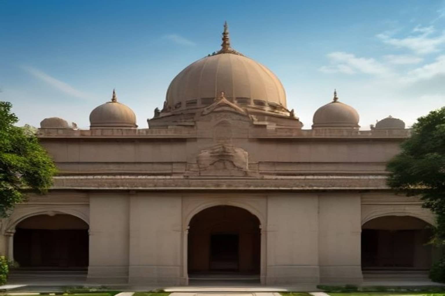 Temple complex and police presence during civic eviction dispute Gurugram