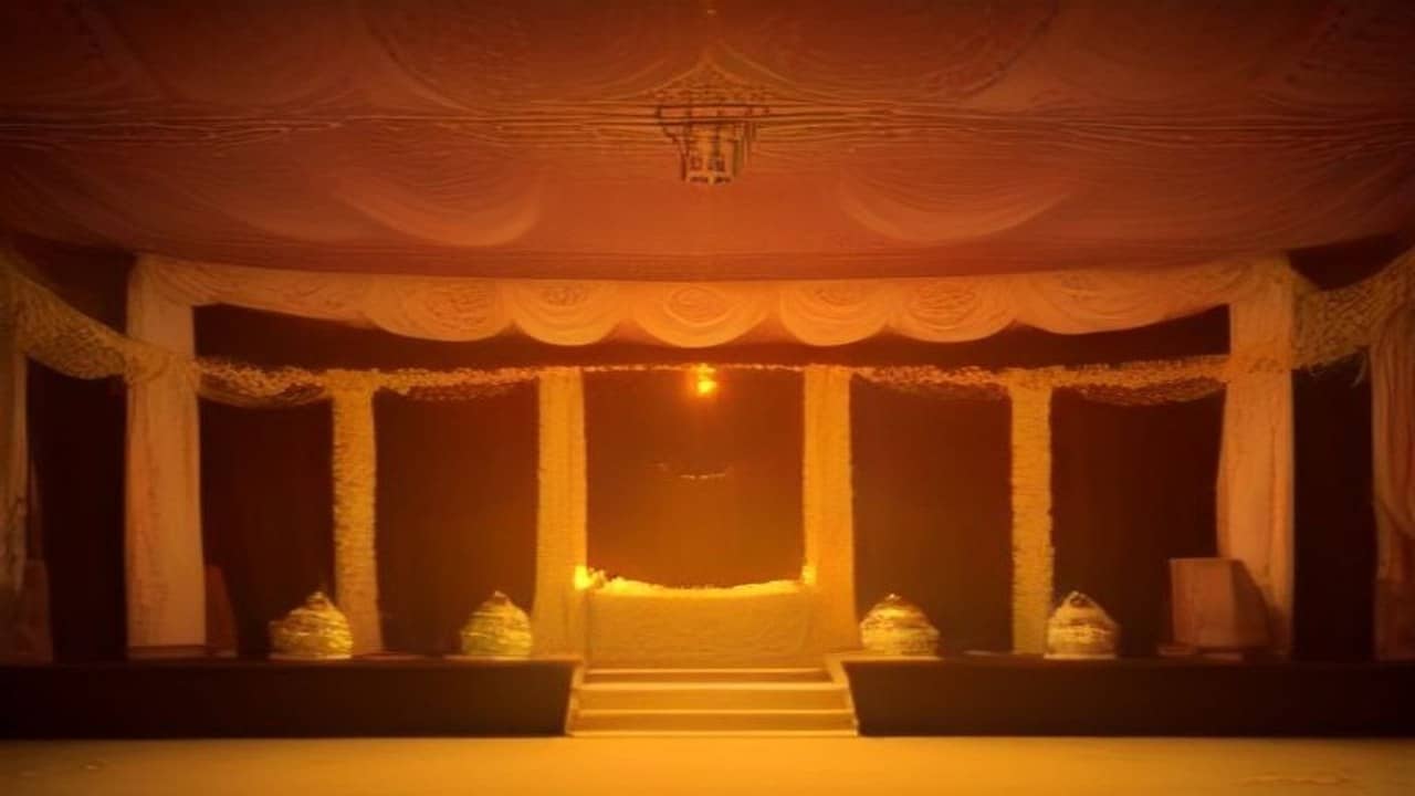 Empty decorated festival pandal interior with marigold garlands and brass lamps in soft evening light, no people, no text or logos