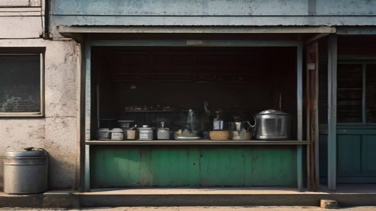 Empty roadside tea stall with steel kettle and glass rack in afternoon light, no people, no text