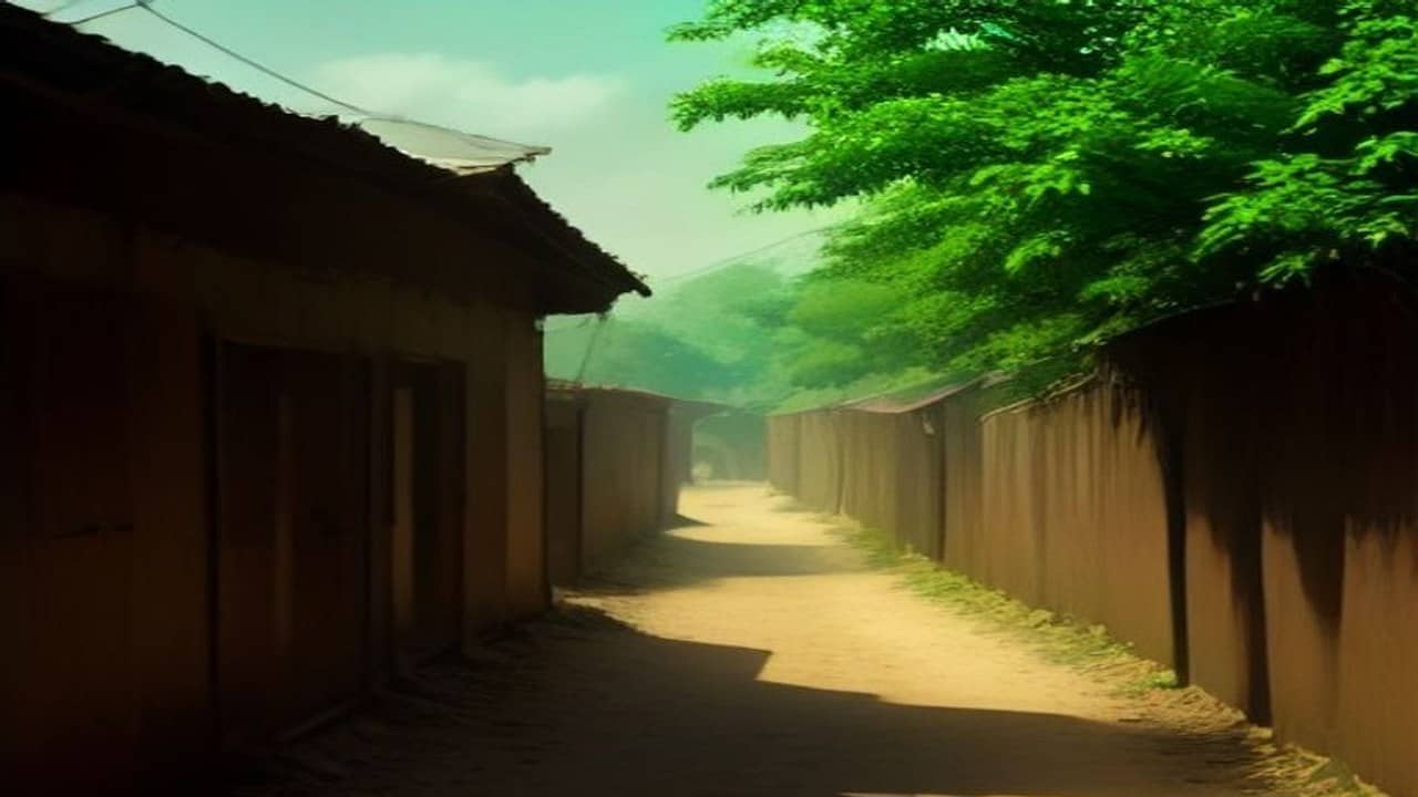 Empty rural village lane with mud walls and neem shade, no people, no text