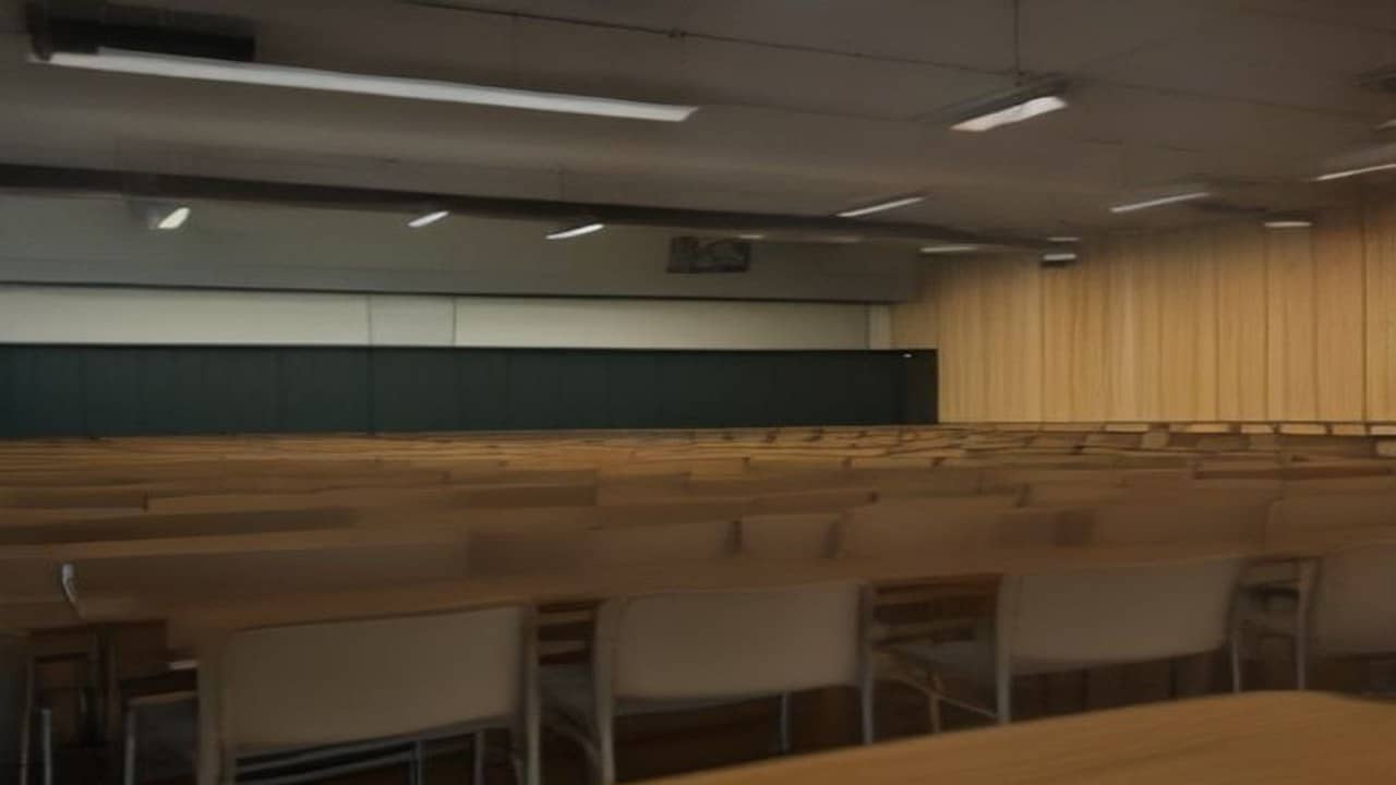 Empty university seminar hall with wooden podium and vacant chairs in soft indoor light, no readable banners, no people, no logos