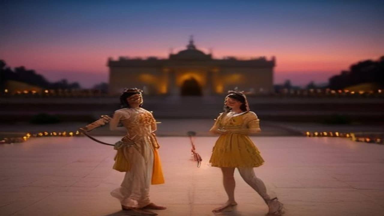 Traditional performers in full costume enact a royal court scene under open sky before a standing crowd in an Indian town square