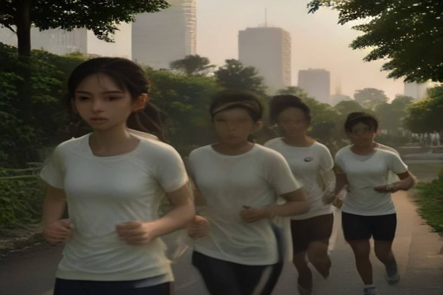 Four women in plain white t-shirts and dark leggings jog along a wide paved path lined with trees, with tall glass towers in the haze behind them.