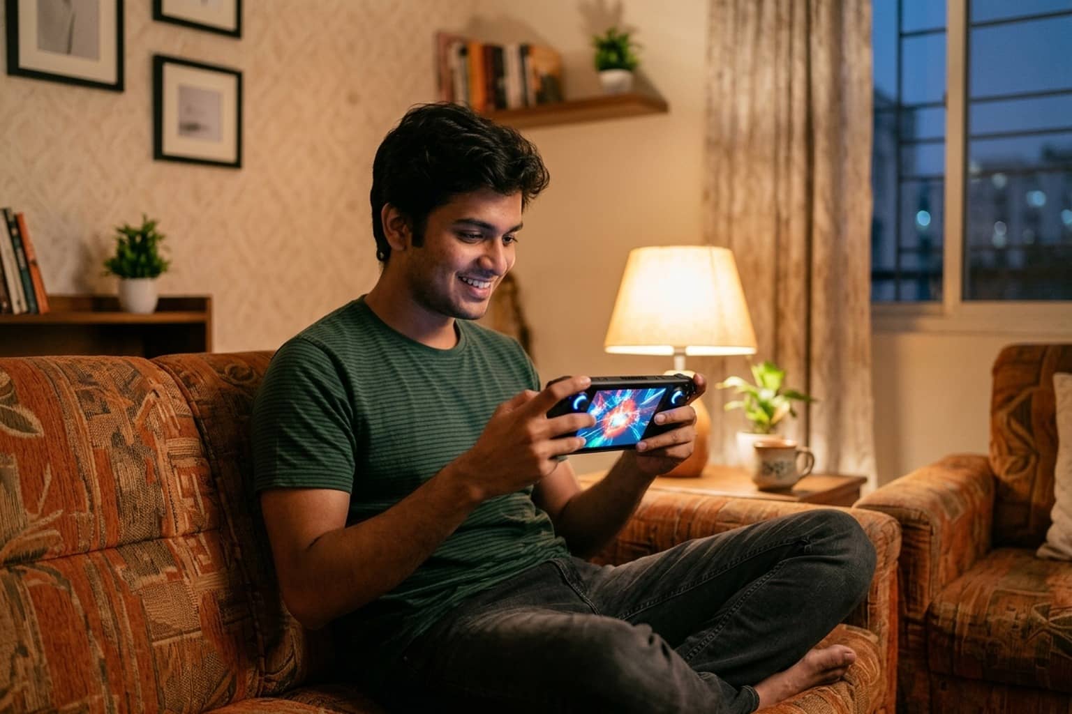A young man with a light beard sitting cross-legged on a patterned sofa, smiling as he holds a black handheld gaming console in both hands in a lamp-lit living room