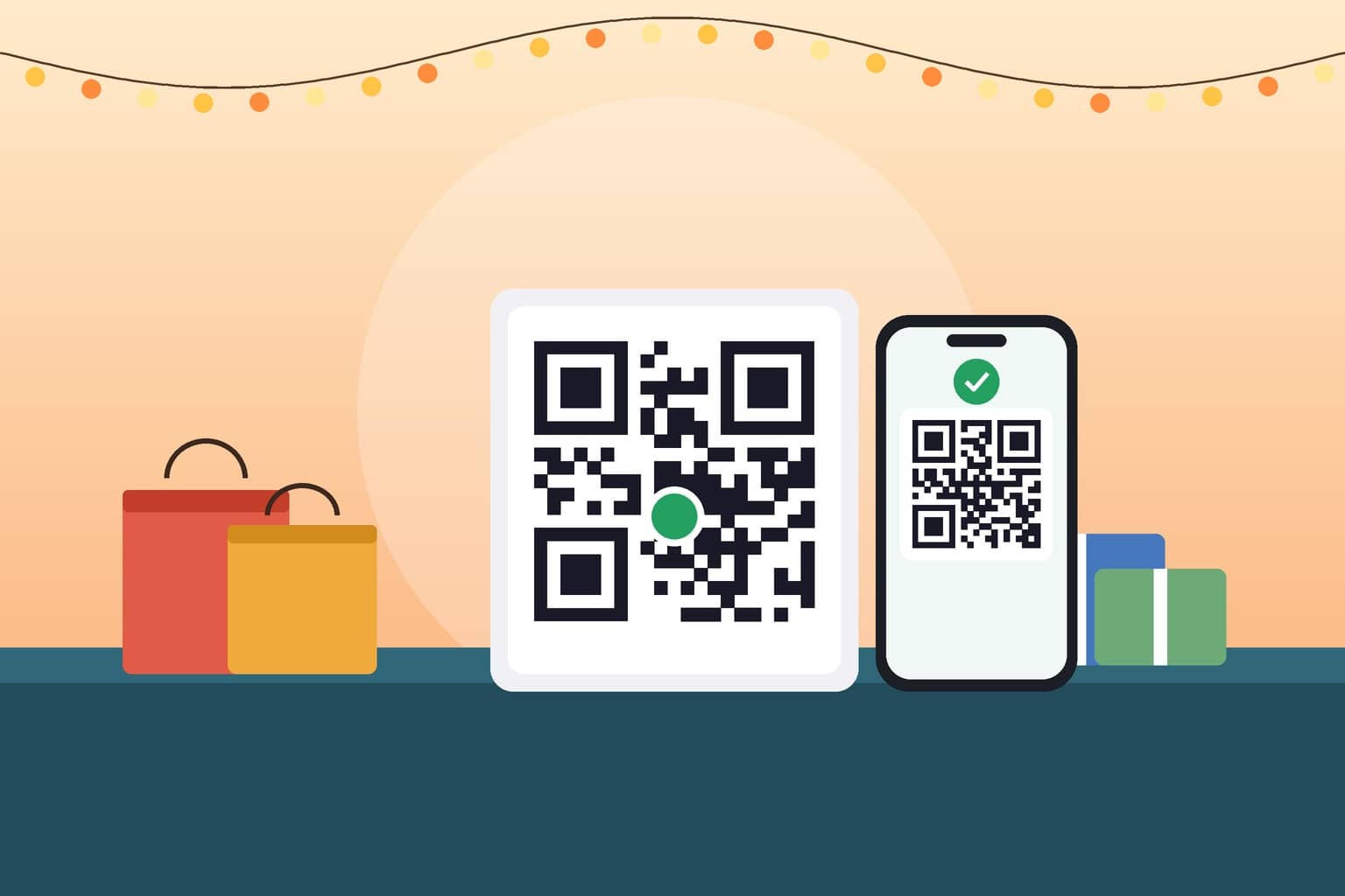 Illustration of a shop counter with a QR code stand, a smartphone showing a green tick and shopping bags under festive string lights