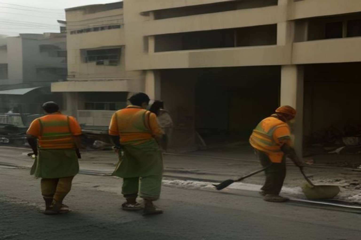 Three municipal workers in orange reflective vests sweep debris on a Gurugram sector asphalt road beside multi-storey buildings, one bent over a green dustpan.