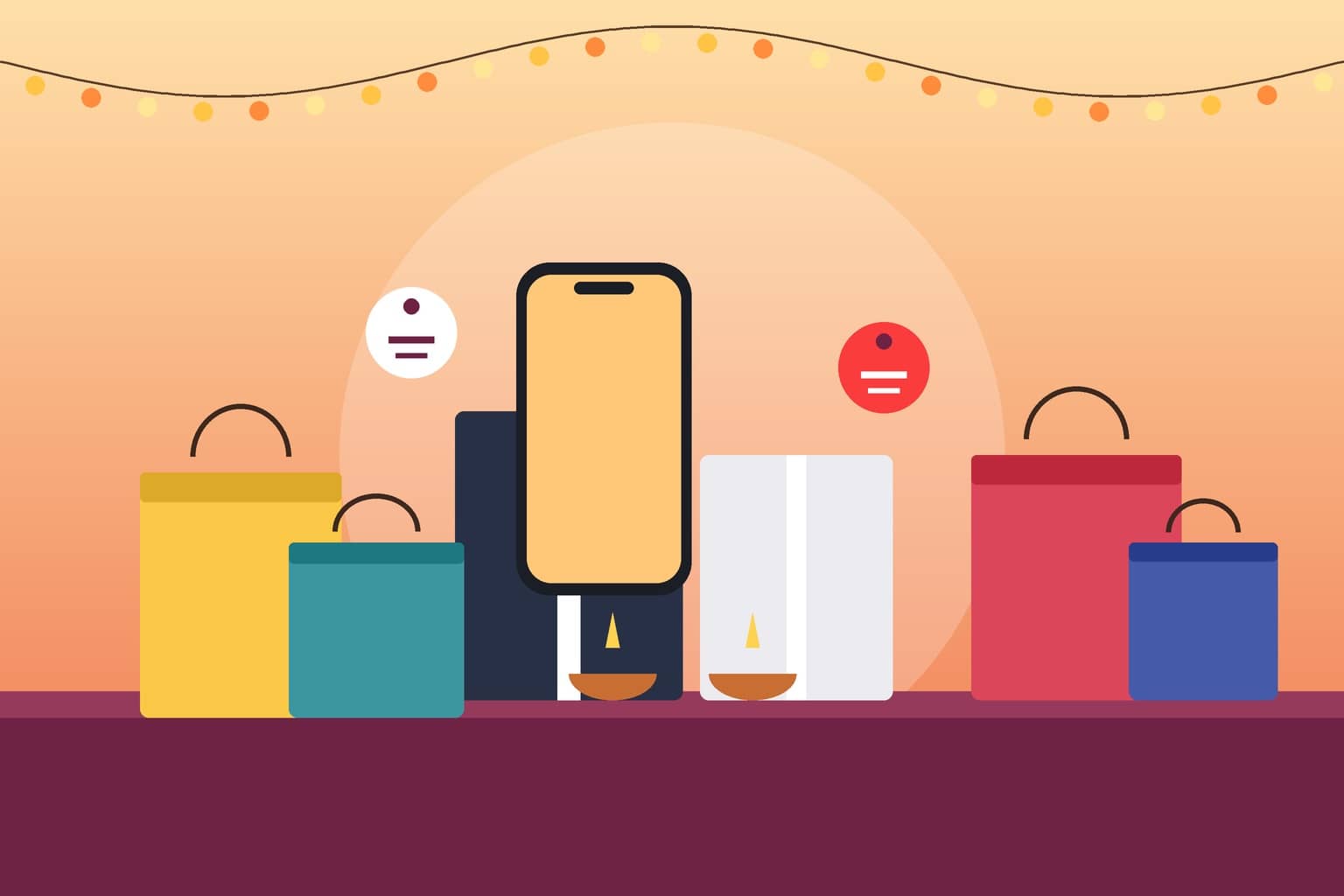 Illustration of colourful shopping bags, gadget boxes, a smartphone and two diyas under festive string lights on a dark counter