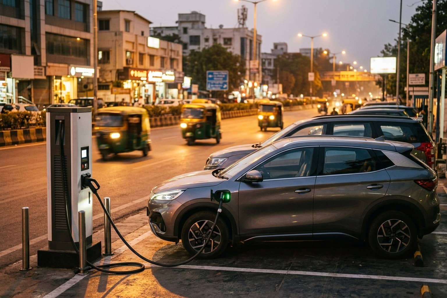 A grey electric SUV plugged into a public charging post beside a city road at dusk, with auto-rickshaws and lit shopfronts behind